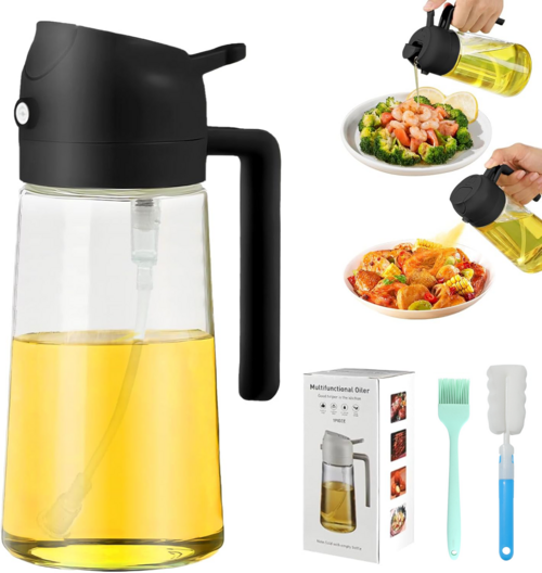 2 In 1 Oil Dispenser And Oil Sprayer,500ml 2 in 1 Glass Oil Sprayer and Dispenser Bottle, Premium Nozzle, Multi Color (2 IN 1 OIL DISPENSER AND SPRAYER)