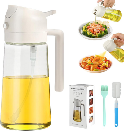 2 In 1 Oil Dispenser And Oil Sprayer,500ml 2 in 1 Glass Oil Sprayer and Dispenser Bottle, Premium Nozzle, Multi Color (2 IN 1 OIL DISPENSER AND SPRAYER)