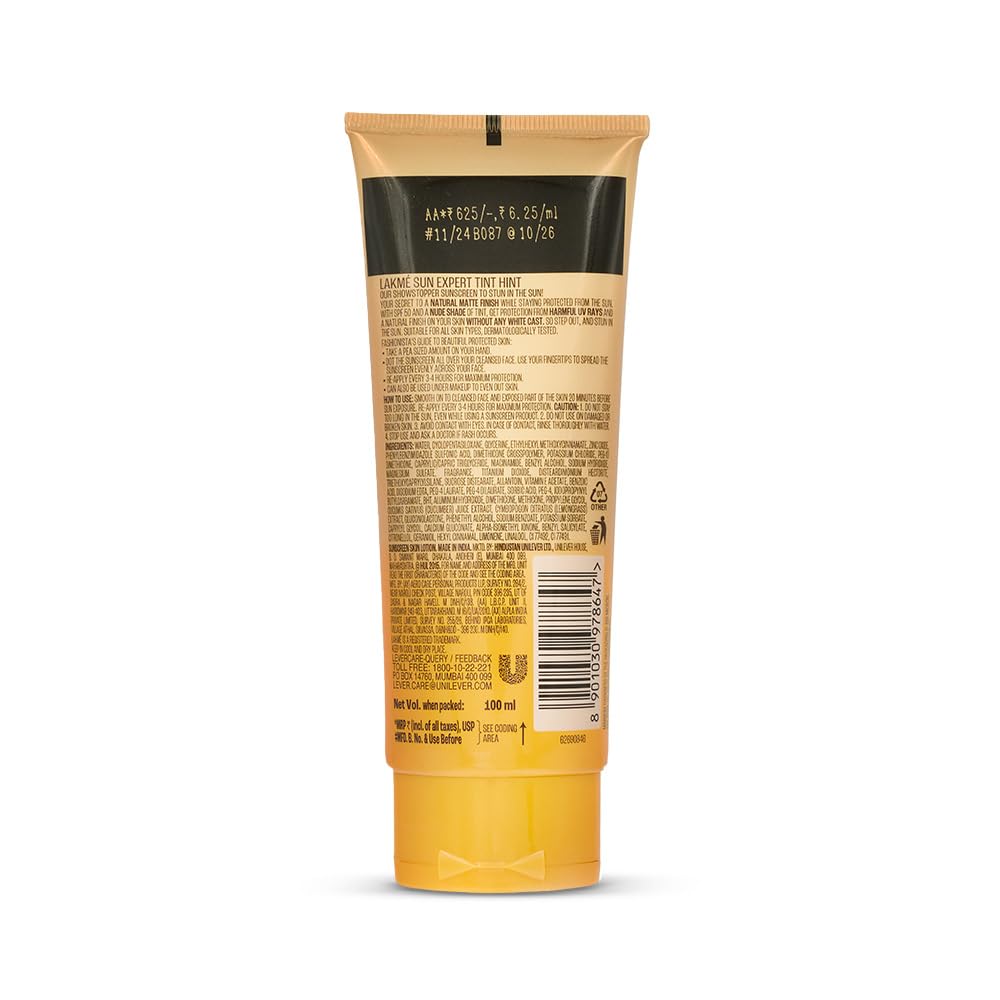 Lakme Sun Expert Tinted Sunscreen 50 SPF PA+++, Natural Tone, With Cucumber, Lightweight, Ultra Matte Finish, Blocks Upto 97% Harmful Sunrays, 100 ml